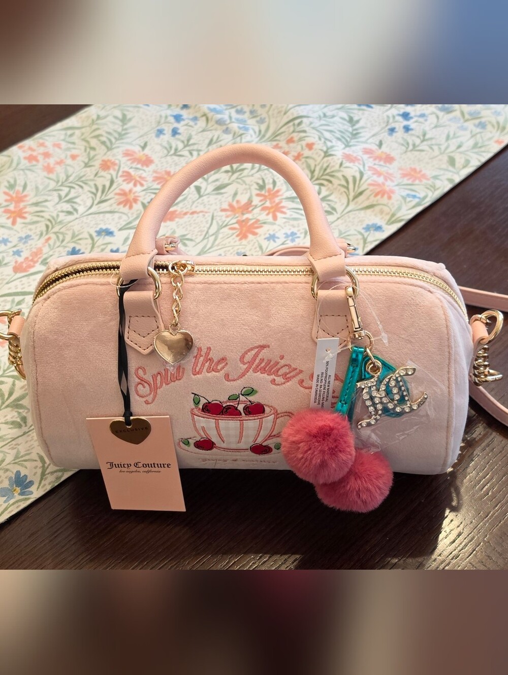 Juicy Couture Pink Cherry Embroidered Mini Satchel with Pom-Pom Charm